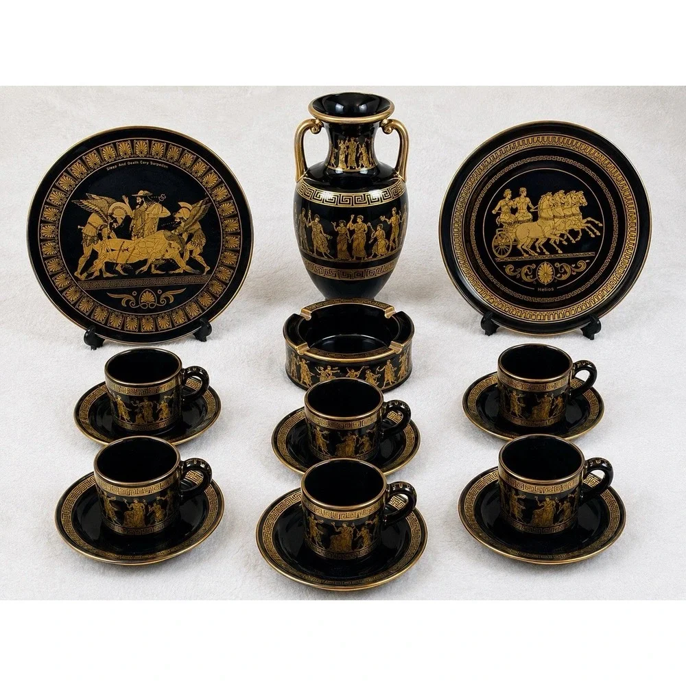 Vintage Greek Key Black Gold Ceramic Espresso Set Vase Plates Ashtray 16Pc